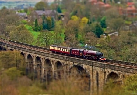 miniature steam train on a bridge - train, bridge, focus, trees