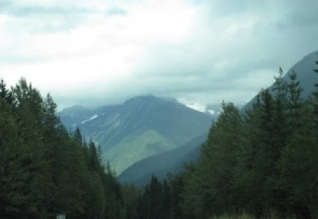 Mountains BC - Canada 03 - mountains, roads, white, car, clouds, photography, trees, snow, green