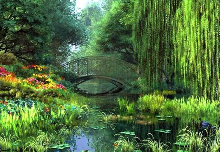 Lush - flowers, lush, trees, water, bushes, park, bridge