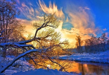 Wisps - sky, clouds, evening, river, trees, snow