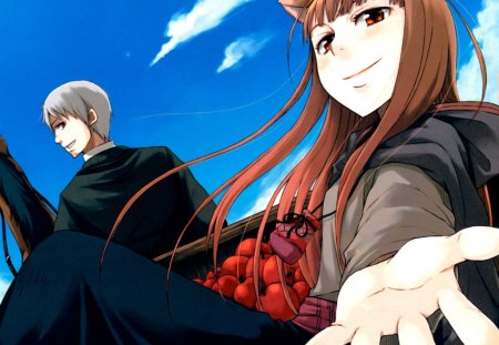 Spice & Wolf - kraft lawrence, sky, apples, wolf, horse, clouds, anime, spice, holo