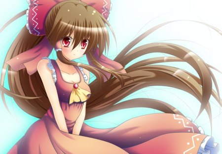 Hakurei Reimu - pretty, anime, kawaii, female, dress, long hair, touhou, ribbon, reimu, nice, hakurei reimu, gown, anime girl, hot, girl, blush, lovely, brown hair, sweet, red eyes, cute, sexy