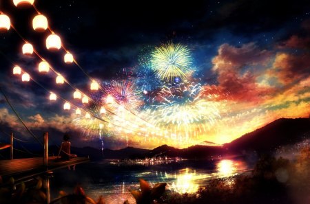 Anime - nature, fireworks, girl, pretty