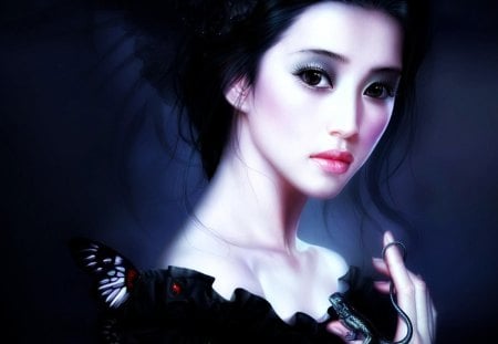 Asian - woman, beauty, girl, gothic, fantasy, asian, makeup, cgi, butterfly, gorgeous, dark, grey