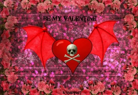 Be My Valentine - flowers, heart, red, wings, vamp1967, pink, skull