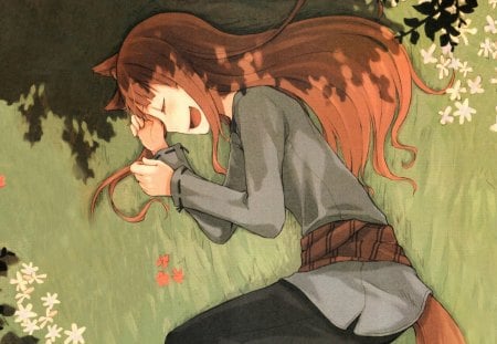 ~Pleasant Dreams~ - tail, sleep, spice and wolf, girl, anime, long hair, grass, holo