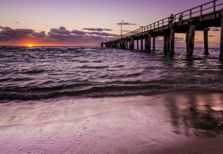 Sunset - beauty, beach, sky, ocean waves, peaceful, sunset, view, clouds, ocean, lovely, waves, nature, pier, beautiful, splendor, ocean view, sea