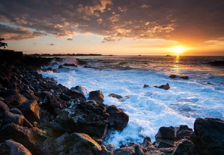 rugged coast in hawaii at sunset - clouds, rocky, sunset, coast, sea