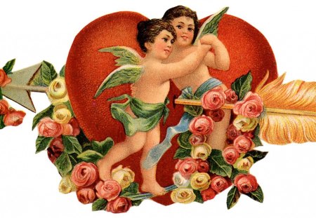 Happy Valentine's Day! - angel, roses, heart, day, wings, child, valentine, cupid, yellow, red, vintage, green, arrow, flower, retro, happy