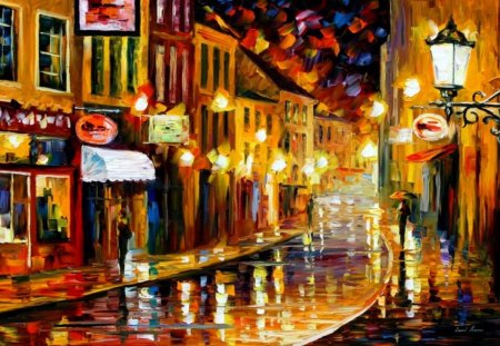 Rain - nice, people, colorful, painting, reflection, lantern, evening, pretty, afternoon, scene, rain, wet, night, lovely, town, shops, beautiful, city, streets, colors, lights