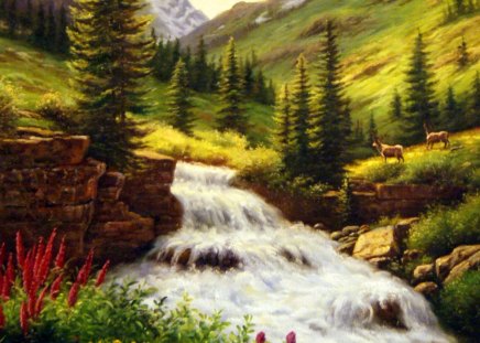 Alps - pretty, summer, creek, stream, grass, mountain, flowers, deers, nice, falling, greenery, trees, alps, water, beautiful, roe, slope, beauty, lovely, fall, river, weaterfall, nature, picture, painting