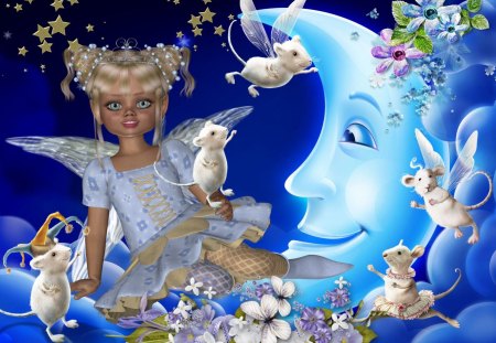 Blue Moon - moon, stars, blue, mouse, fairy, flower