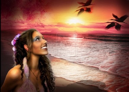 **BEAUTIFUL SUNSET** - girls, models, people, animals, hair, eyes, colorful, face, amazing, cool, digital art, birds, nature, beautiful, backgrounds, photoshop, sweet, photo manipulation, sea, women, beauty, artists, lips, female, emotional, wonderful, fantasy, gorgeous, pretty, sunsets, cute, sand, splendid, love, lovely, abstract, roserika, splendor, colors, emo