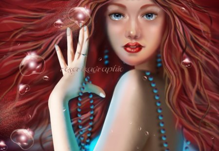 **BUBBLES GAMES** - girls, models, people, hair, eyes, colorful, face, amazing, cool, digital art, blue eyes, beads, games, beautiful, backgrounds, photoshop, sweet, photo manipulation, women, redhead, artists, lips, female, wonderful, fantasy, bubbles, gorgeous, pretty, cute, splendid, love, necklace, lovely, abstract, roserika, splendor, colors