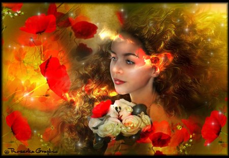 **RED POPPIES FAIRY** - roses, pretty, female, flowers, fairies, face, artists, women, abstract, digital art, colors, love, bouquet, hair, girls, wonderful, lips, cute, photo manipulation, poppies, people, amazing, angels, splendor, eyes, splendid, gorgeous, red, Roserika, beautiful, photoshop, backgrounds, models, cool, lovely, sweet, colorful, fantasy