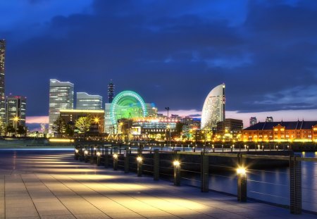 waterfront promenade in yokahama japan - city, pramenade, bay, lights, amusement park