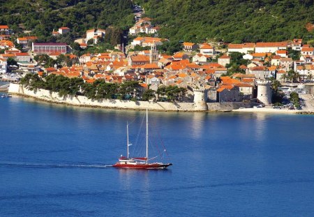 walled seaside town of korcula croatia - town, turrets, boat, wall, seaside