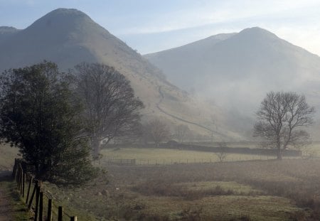 morning mist on a farm between hills - farm, morning, road, hills, mist