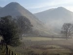 morning mist on a farm between hills