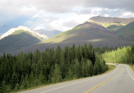 Mountains BC - Canada 21 - red, mountains, roads, sky, car, clouds, photography, trees, green