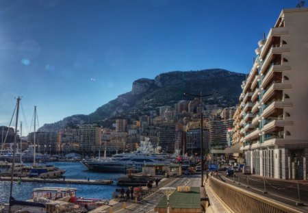 monaco from the waterfront - yacht, mountain, city, sunny, waterfront