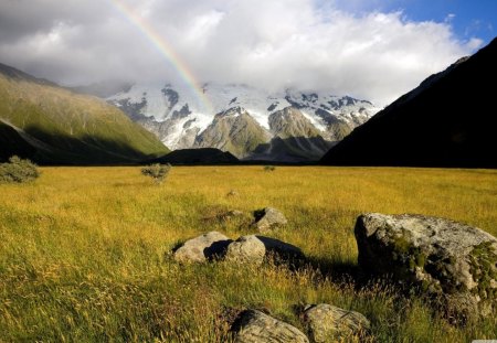 mountain rainbow - mountains, rainbow, valley, clouds