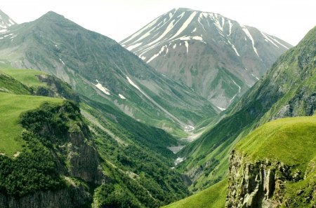 green mountain gorge - cliffs, grass, mountains, gorge