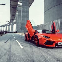 orange lamborghini aventador under highway