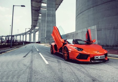 orange lamborghini aventador under highway - street, doors, highway, car, orange