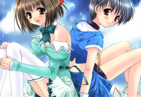 Two girls - nice, ribbens, pullups, sexy, stockings, lovely, legging, young, blue, green, uniform, cute, short hair, dress