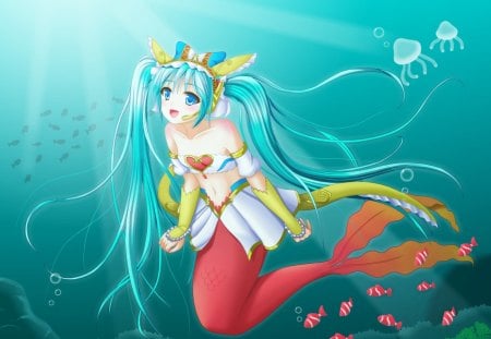 Mermaid Miku - anime, vocaloid, female, hatsune miku, green hair, long hair, mermaid, jelly fish, blue eyes, tails, anime girl, water, twintails, hot, girl, fantasy, miku, underwater, cute, sexy, fish, vocaloids