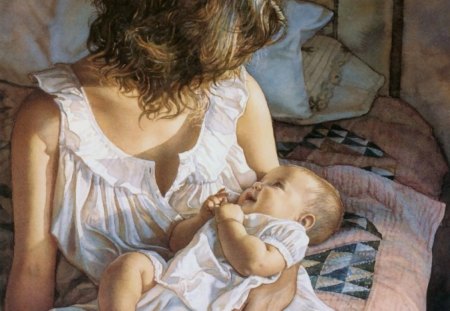 Morning tenderness - milk, mom, smile, dress, morning, baby