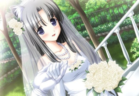 Here come the Bride - pretty, anime, elegant, female, romantic, blossom, dress, romance, wed, long hair, gorgeous, veil, bride, gown, anime girl, beautiful, hot, wedding, girl, blush, beauty, lovely, love, sweet, flower, bouquet, white, cute, floral, sexy