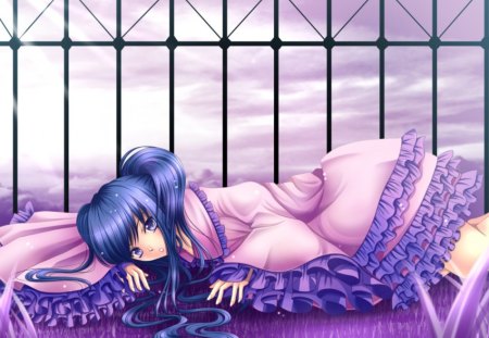 I'm so Tired - pretty, anime, female, steel, dress, long hair, blue hair, nice, sky, gown, anime girl, realistic, beautiful, hot, girl, beauty, sweet, fence, cg, cloud, cute, 3d, sexy