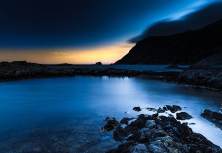 Deep Blue Night - beauty, beautiful, ocean, peaceful, night, ocean view, sky, seascape, clouds, view, lovely, splendor, sunset, sea, nature