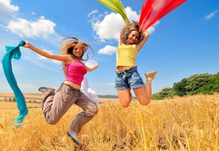 cute girl - field, jump, two, girl