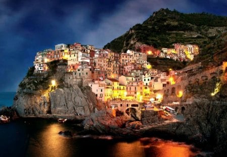 Amalfi Italy - houses, nights, mountain, city, coast, lights