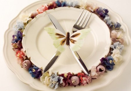 Plate decorations - flowers, utensils, plate, butterfly, art