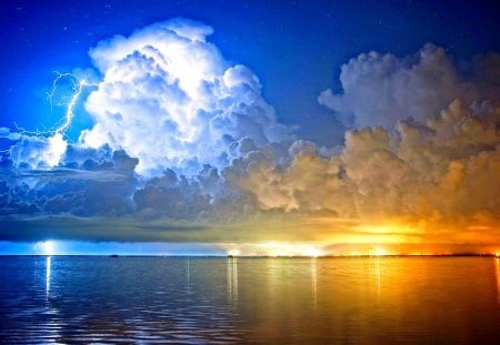 LIGHTNING STRIKES - clouds, sea, light, lightning