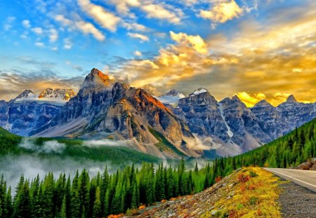 MOUNTAIN FOG - sky, mountain, fog, pines, road