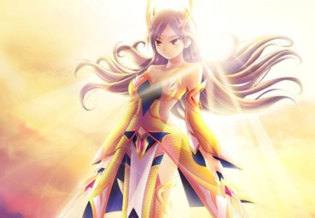 Warrior of Light - nice, beauty, female, hot, magic, anime girl, blade, fantasy, armor, pretty, yellow, anime, sword, golden, cute, sexy, girl, light, long hair, lovely, gold, glow, beautiful, weapon, float