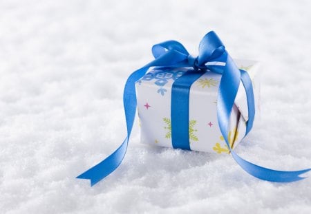 Gift box - box, gift, white, blue ribbon