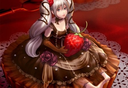 Strawberry - hot, anime girl, food, silver hair, hatsune miku, sexy, long hair, vocaloids, cake, cream, flora, 3d, vocaloid, sweet, dress, nice, realistic, strawberry, female, rose, pretty, anime, miku, cute, girl, twintails, gown, lovely, fruit, cg, kawaii, blossom, white hair, flower