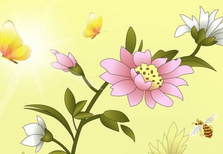 Summer Special - papillon, bee, summer, butterflies, spring, fleurs, bumblebee, flowers, soft, butterfly, pastel