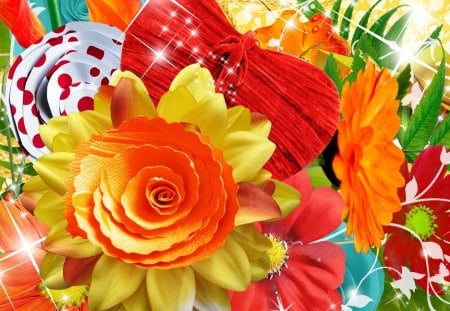 Bright Summer Colors - summer, fleurs, flowers, spring, bright, heart, gold, orange, colors, colorful