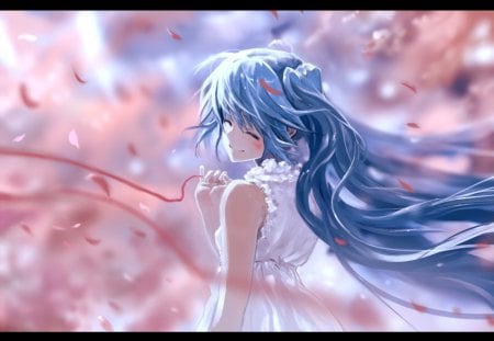 Happiness - female, aqua hair, spring, petal, eyes closed, anime, rose petals, aqua eyes, miku, relax, manga, hatsune miku, girl, twintails, long hair, long aqua hair, hatsune, vocaloids, vocaloid, flowers, happiness