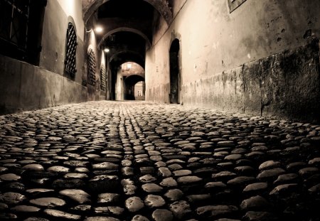 cobblestoned alley at night - black and white, lights, alley, cobblestone