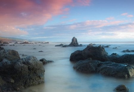 pink clouds over rocky shore - clouds, sea, shore, rocks