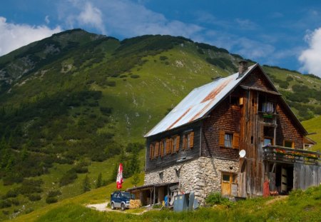 mountain chalet in summer - chalet, mountain, car, summer, meadow