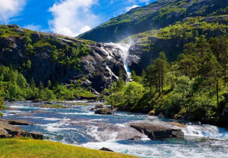 amazing river falls down the mountain - trees, falls, mountain, wallpaper, mountains, rocks, nature, river, rivers, new